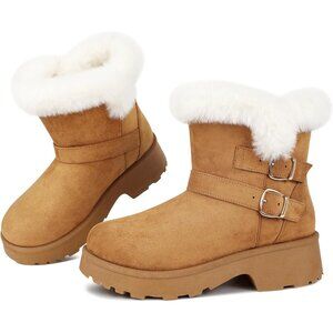 Women's Chunky Low Heel Snow Boots With Fashion Buckle Slip-On Booties Chestnut